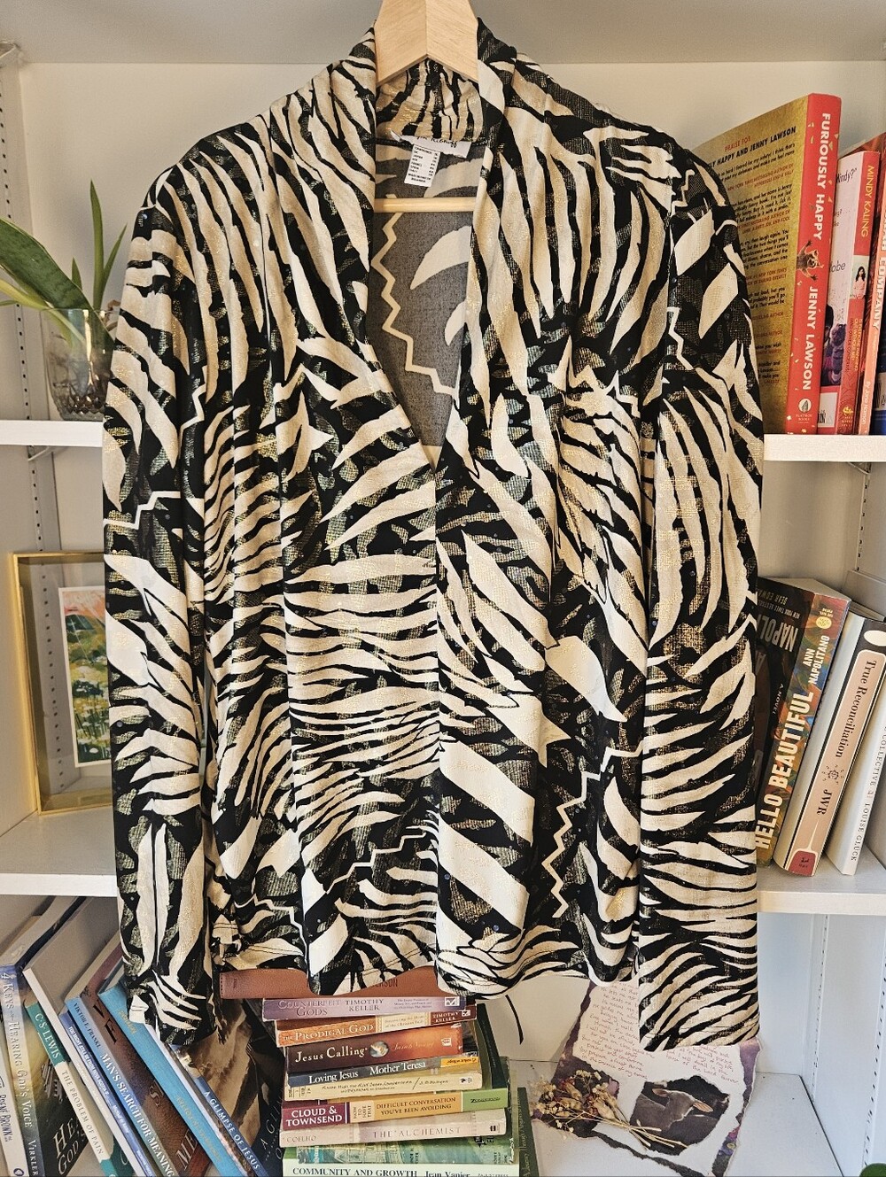 Vintage Joseph Ribkoff Blouse Zebra Print Black Cream Gold Top Size XL / 16 Glam
